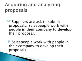 Suppliers are ask to submit
 proposals. Salespeople work with
 people in their company to develop
 their proposal.

Salespeople work with people in
 their company to develop their
 proposals.
 