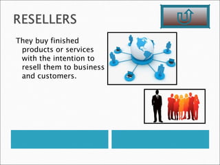 They buy finished
 products or services
 with the intention to
 resell them to business
 and customers.
 