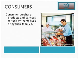 Consumer purchase
 products and services
 for use by themselves
 or by their families.
 