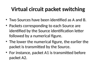 Virtual circuit packet switching
• Two Sources have been identified as A and B.
• Packets corresponding to each Source are
identified by the Source identification letter
followed by a numerical figure.
• The lower the numerical figure, the earlier the
packet is transmitted by the Source.
• For instance, packet A1 is transmitted before
packet A2.
 