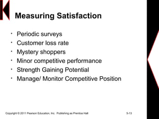 Copyright © 2011 Pearson Education, Inc. Publishing as Prentice Hall 5-13
Measuring Satisfaction

Periodic surveys

Customer loss rate

Mystery shoppers

Minor competitive performance

Strength Gaining Potential

Manage/ Monitor Competitive Position
 