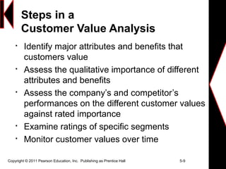 Steps in a
Customer Value Analysis

Identify major attributes and benefits that
customers value

Assess the qualitative importance of different
attributes and benefits

Assess the company’s and competitor’s
performances on the different customer values
against rated importance

Examine ratings of specific segments

Monitor customer values over time
Copyright © 2011 Pearson Education, Inc. Publishing as Prentice Hall 5-9
 