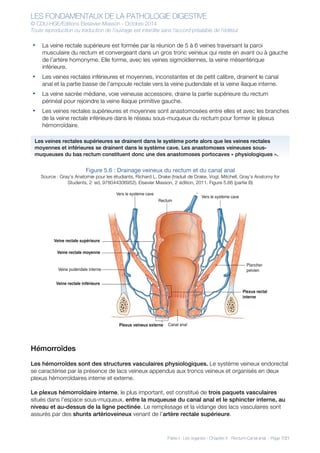 LES FONDAMENTAUX DE LA PATHOLOGIE DIGESTIVE
© CDU-HGE/Editions Elesevier-Masson - Octobre 2014
Toute reproduction ou traduction de l’ouvrage est interdite sans l’accord préalable de l’éditeur
Partie I : Les organes - Chapitre 5 : Rectum-Canal anal - Page 7/21
• La veine rectale supérieure est formée par la réunion de 5 à 6 veines traversant la paroi
musculaire du rectum et convergeant dans un gros tronc veineux qui reste en avant ou à gauche
de l’artère homonyme. Elle forme, avec les veines sigmoïdiennes, la veine mésentérique
inférieure.
• Les veines rectales inférieures et moyennes, inconstantes et de petit calibre, drainent le canal
anal et la partie basse de l’ampoule rectale vers la veine pudendale et la veine iliaque interne.
• La veine sacrée médiane, voie veineuse accessoire, draine la partie supérieure du rectum
périnéal pour rejoindre la veine iliaque primitive gauche.
• Les veines rectales supérieures et moyennes sont anastomosées entre elles et avec les branches
de la veine rectale inférieure dans le réseau sous-muqueux du rectum pour former le plexus
hémorroïdaire.
Figure 5.6 : Drainage veineux du rectum et du canal anal
Source : Gray’s Anatomie pour les étudiants, Richard L. Drake (traduit de Drake, Vogl, Mitchell, Gray’s Anatomy for
Students, 2nd
ed, 978044306952). Elsevier Masson, 2e
édition, 2011. Figure 5.66 (partie B)
Hémorroïdes
Les hémorroïdes sont des structures vasculaires physiologiques. Le système veineux endorectal
se caractérise par la présence de lacs veineux appendus aux troncs veineux et organisés en deux
plexus hémorroïdaires interne et externe.
Le plexus hémorroïdaire interne, le plus important, est constitué de trois paquets vasculaires
situés dans l’espace sous-muqueux, entre la muqueuse du canal anal et le sphincter interne, au
niveau et au-dessus de la ligne pectinée. Le remplissage et la vidange des lacs vasculaires sont
assurés par des shunts artérioveineux venant de l’artère rectale supérieure.
Les veines rectales supérieures se drainent dans le système porte alors que les veines rectales
moyennes et inférieures se drainent dans le système cave. Les anastomoses veineuses sous-
muqueuses du bas rectum constituent donc une des anastomoses portocaves « physiologiques ».
 