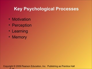 Key Psychological Processes
•
•
•
•

Motivation
Perception
Learning
Memory

Copyright © 2009 Pearson Education, Inc. Publishing as Prentice Hall

 