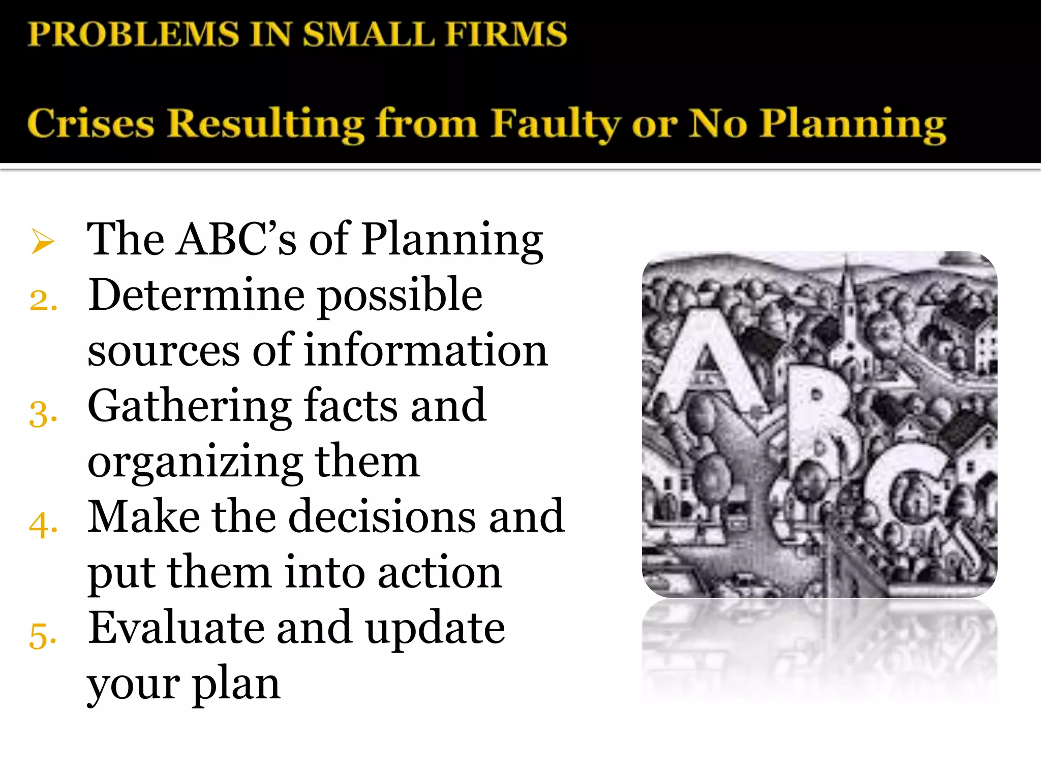     The ABC’s of Planning
2.   Determine possible
     sources of information
3.   Gathering facts and
     organizing them
4.   Make the decisions and
     put them into action
5.   Evaluate and update
     your plan
 