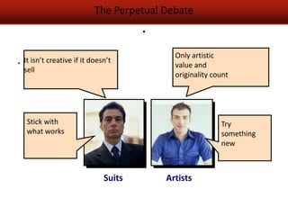 The Perpetual Debate
                                      .
                                            Only artistic
. It isn’t creative if it doesn’t           value and
  sell
                                            originality count




                              Suits       Artists
 