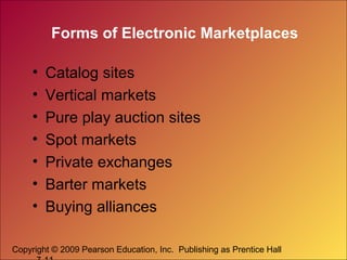 Forms of Electronic Marketplaces
•
•
•
•
•
•
•

Catalog sites
Vertical markets
Pure play auction sites
Spot markets
Private exchanges
Barter markets
Buying alliances

Copyright © 2009 Pearson Education, Inc. Publishing as Prentice Hall

 