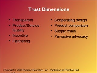 Trust Dimensions
• Transparent
• Product/Service
Quality
• Incentive
• Partnering

•
•
•
•

Cooperating design
Product comparison
Supply chain
Pervasive advocacy

Copyright © 2009 Pearson Education, Inc. Publishing as Prentice Hall

 