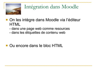 Intégration dans Moodle On les intègre dans Moodle via l’éditeur HTML  - dans une page web comme resources - dans les étiquettes de contenu web Ou encore   dans le bloc HTML 