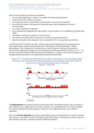 LES FONDAMENTAUX DE LA PATHOLOGIE DIGESTIVE
© CDU-HGE/Editions Elesevier-Masson - Octobre 2014
Toute reproduction ou traduction de l’ouvrage est interdite sans l’accord préalable de l’éditeur
Partie I : Les organes - Chapitre 7 : Pancréas - Page 12/17
Dans sa forme typique, la douleur pancréatique :
• est de siège épigastrique (« solaire ») ou parfois de l’hypochondre gauche ;
• irradie dans le dos, parfois en ceinture ;
• est à type de torsion, d’arrachement, de broiement, ou de coup de poignard ;
• peut être très intense, insomniante et nécessiter jusqu’à des antalgiques de niveau 3
(morphiniques) ;
• a un début rapidement progressif ;
• est immédiatement aggravée par l’alimentation, la prise d’alcool, non modifiée par l’émission des
selles ;
• est parfois calmée par la position en chien de fusil ;
• est continue pendant plusieurs dizaines de minutes et disparaît lentement ;
• peut être associée à des nausées et des vomissements. Il n’y a en général pas de fièvre.
Le profil évolutif de la douleur est varié : douleur aiguë durant quelques heures à quelques jours
(pancréatite aiguë), douleur postprandiale parfois très précoce voire perprandiale (« colique
pancréatique » liée à l’obstruction canalaire par un calcul), douleurs continues fluctuantes ou
survenant par épisodes de quelques jours à quelques semaines (pancréatite chronique [figure 7.15]),
douleur sourde permanente (adénocarcinome pancréatique). La douleur est souvent associée à un
amaigrissement secondaire à une appréhension de la prise alimentaire.
Figure 7.15 ; Exemples de profil évolutif de douleurs chroniques au cours de la pancréatite
chronique : par poussées intermittentes séparées par des périodes de rémission (type A) ;
continues avec des accès douloureux plus vifs (type B)
Illustration : Carole Fumat
L’amaigrissement est aussi favorisé par la dénutrition liée à l’alcoolisme (quand il est en cause) ou
par la présence d’un adénocarcinome. Dans ce dernier cas, l’amaigrissement est massif et rapide.
Un syndrome dépressif peut être associé, surtout en cas d’adénocarcinome, avant même le
diagnostic.
Dans leurs formes atypiques, les douleurs pancréatiques peuvent prédominer au niveau lombaire et
faire évoquer un problème rachidien (lumbago). Elles peuvent être en hémiceinture, droite ou gauche.
Dans certains cas rares, la douleur peut être totalement absente.
Type A
Début Périodes sans douleur pendant plusieurs
mois à années
Type B
Début
2 semaines
Temps
de quelques semaines à plusieurs mois ou années
 