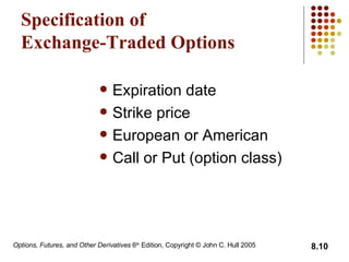 Specification of Exchange-Traded Options Expiration date Strike price European or American Call or Put (option class) 