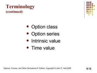 Terminology (continued) Option class Option series Intrinsic value Time value 