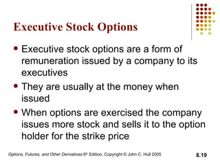 Executive Stock Options Executive stock options are a form of remuneration  issued by a company to  its  executives They are usually at the money when issued When option s   are  exercised the company issues more stock  and sells it to the option holder for the strike price 