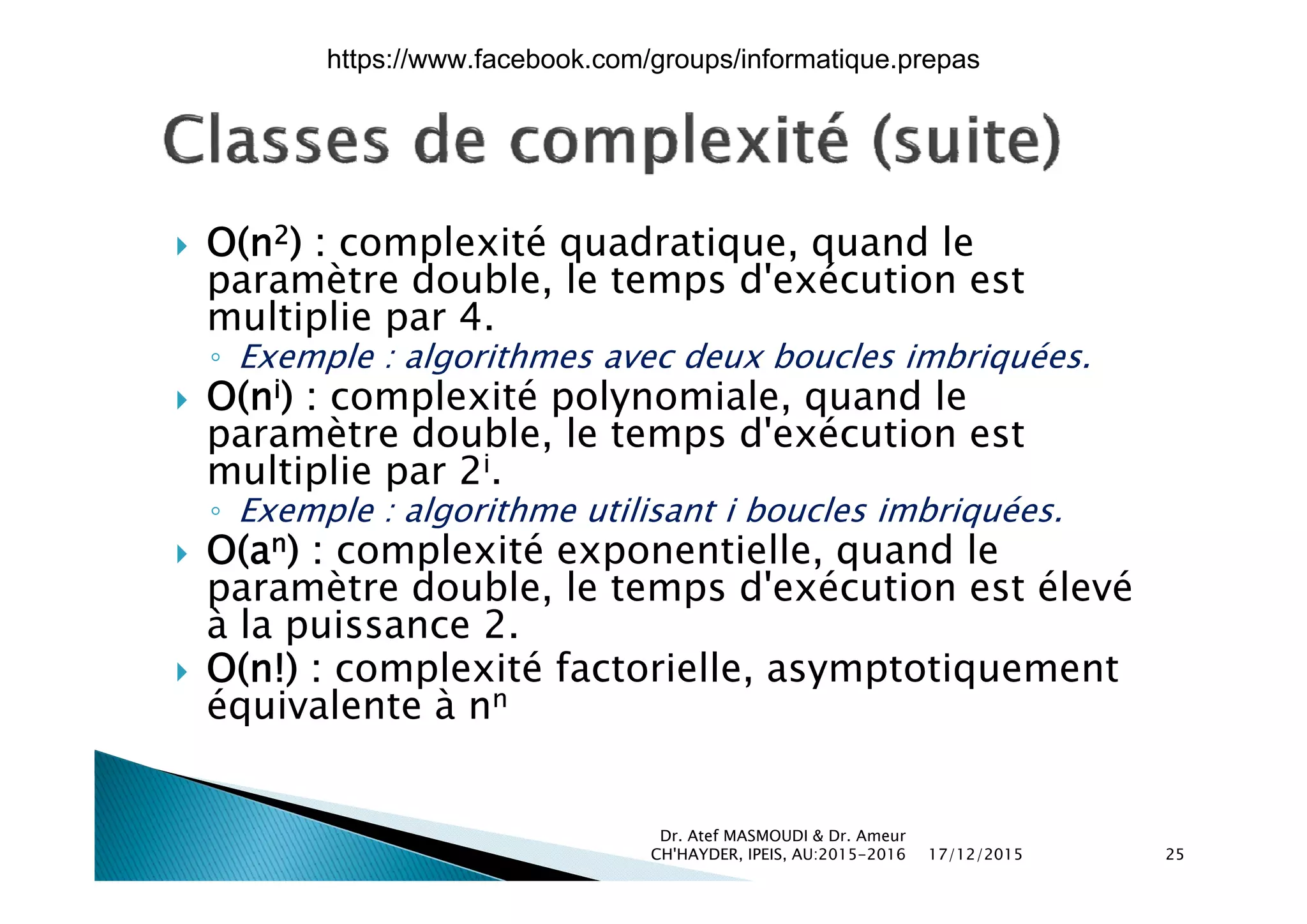  O(n2) : complexité quadratique, quand le O(n ) : complexité quadratique, quand le
paramètre double, le temps d'exécution est
multiplie par 4.
◦ Exemple : algorithmes avec deux boucles imbriquées◦ Exemple : algorithmes avec deux boucles imbriquées.
 O(ni) : complexité polynomiale, quand le
paramètre double, le temps d'exécution est
lti li 2imultiplie par 2i.
◦ Exemple : algorithme utilisant i boucles imbriquées.
 O(an) : complexité exponentielle, quand le( ) p p , q
paramètre double, le temps d'exécution est élevé
à la puissance 2.
 O(n!) : complexité factorielle asymptotiquement O(n!) : complexité factorielle, asymptotiquement
équivalente à nn
17/12/2015
Dr. Atef MASMOUDI & Dr. Ameur
CH'HAYDER, IPEIS, AU:2015-2016 25
https://www.facebook.com/groups/informatique.prepas
 
