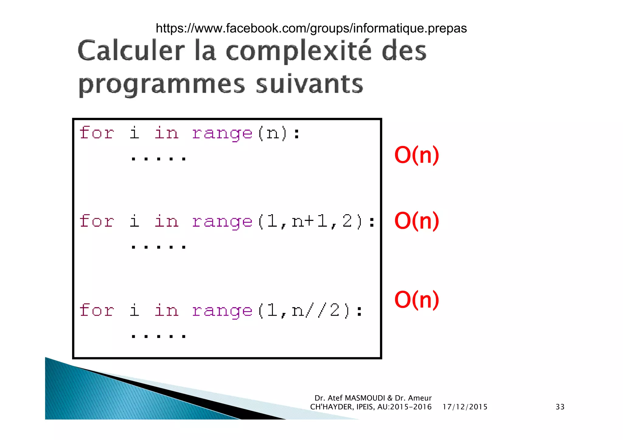 O(n)
O(n)O(n)
O(n)
17/12/2015
Dr. Atef MASMOUDI & Dr. Ameur
CH'HAYDER, IPEIS, AU:2015-2016 33
https://www.facebook.com/groups/informatique.prepas
 