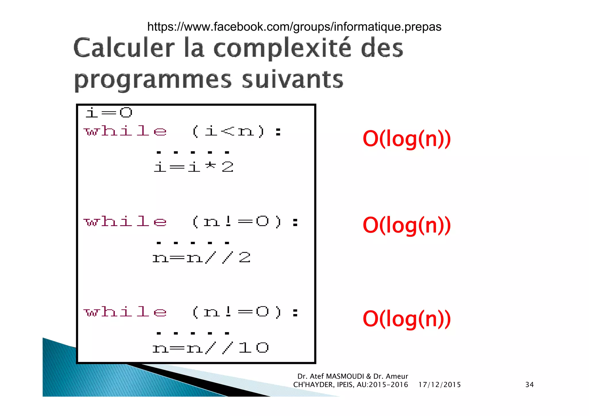 O(log(n))
O(log(n))
O(log(n))
17/12/2015
Dr. Atef MASMOUDI & Dr. Ameur
CH'HAYDER, IPEIS, AU:2015-2016 34
https://www.facebook.com/groups/informatique.prepas
 