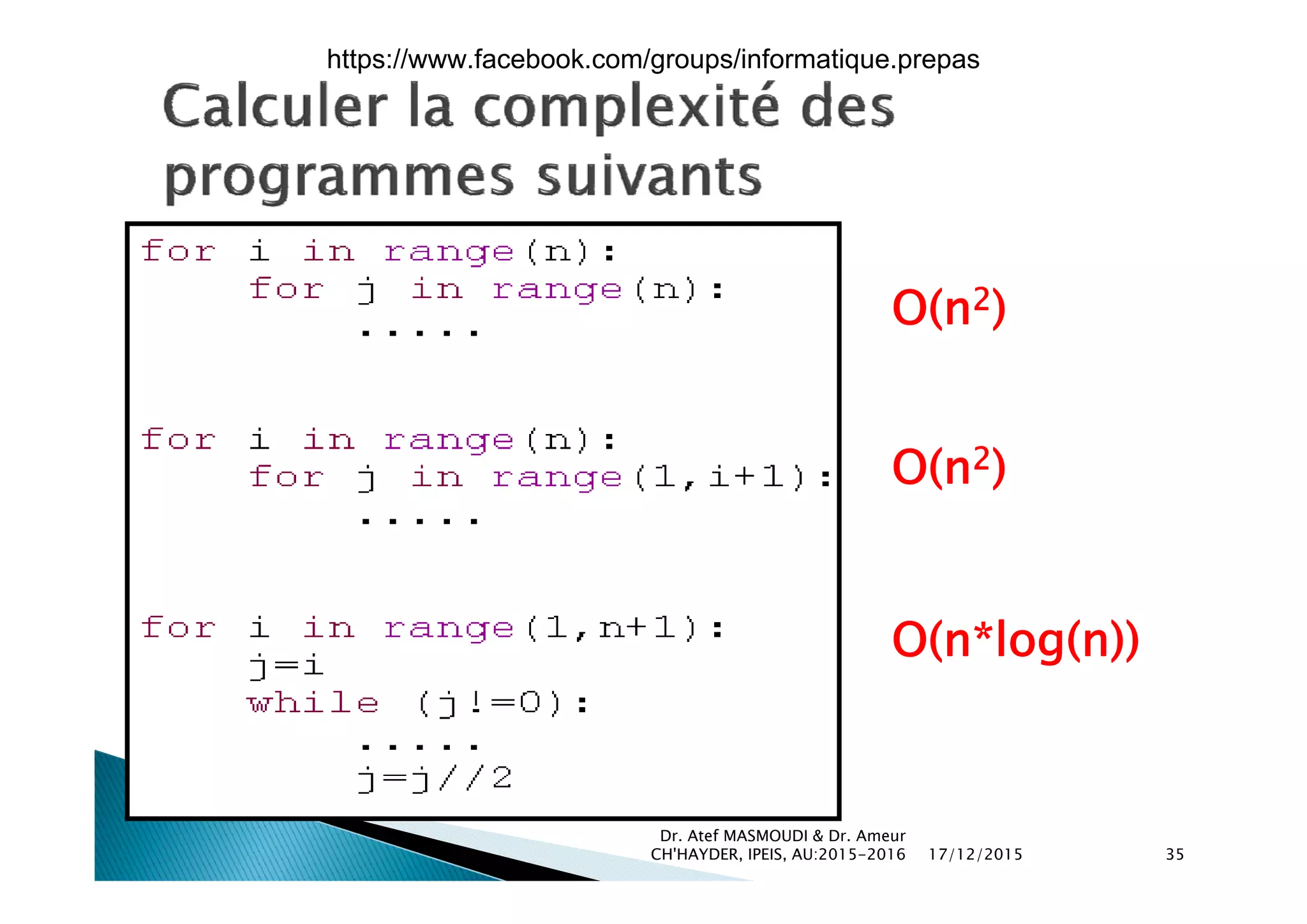 O(n2)
O(n2)O(n2)
O(n*log(n))
17/12/2015
Dr. Atef MASMOUDI & Dr. Ameur
CH'HAYDER, IPEIS, AU:2015-2016 35
https://www.facebook.com/groups/informatique.prepas
 