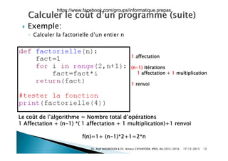  Exemple: Exemple:
◦ Calculer la factorielle d’un entier n
1 affectation
(n-1) itérations
1 affectation + 1 multiplication
1 renvoi
Le coût de l’algorithme = Nombre total d’opérationsLe coût de l algorithme = Nombre total d opérations
1 Affectation + (n-1) *( 1 affectation + 1 multiplication)+1 renvoi
f( ) 1+ ( 1)*2+1 2*
17/12/2015Dr. Atef MASMOUDI & Dr. Ameur CH'HAYDER, IPEIS, AU:2015-2016 13
f(n)=1+ (n-1)*2+1=2*n
https://www.facebook.com/groups/informatique.prepas
 