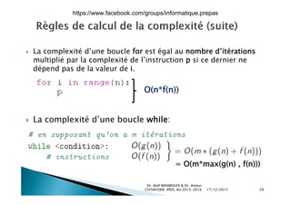  La complexité d’une boucle for est égal au nombre d’itérations
multiplié par la complexité de l’instruction p si ce dernier ne
dépend pas de la valeur de i.
O(n*f(n))
 La complexité d’une boucle while:
= O(m*max(g(n) , f(n)))
17/12/2015
Dr. Atef MASMOUDI & Dr. Ameur
CH'HAYDER, IPEIS, AU:2015-2016 29
https://www.facebook.com/groups/informatique.prepas
 