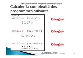 O(log(n))
O(log(n))
O(log(n))
17/12/2015
Dr. Atef MASMOUDI & Dr. Ameur
CH'HAYDER, IPEIS, AU:2015-2016 34
https://www.facebook.com/groups/informatique.prepas
 