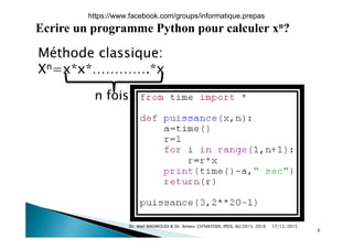 Ecrire un programme Python pour calculer xn?
Méthode classique:
Xn x*x* *xXn=x*x*………….*x
n foisn fois
17/12/2015
6
Dr. Atef MASMOUDI & Dr. Ameur CH'HAYDER, IPEIS, AU:2015-2016
https://www.facebook.com/groups/informatique.prepas
 