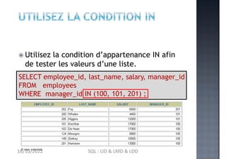  Utilisez la condition d’appartenance IN afin
de tester les valeurs d’une liste.
SELECT employee_id, last_name, salary, manager_id
FROM employees
WHERE manager_id IN (100, 101, 201) ;
16/10/2022 SQL : LID & LMD & LDD
 