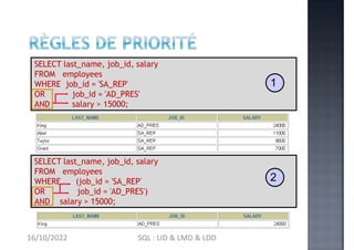 SELECT last_name, job_id, salary
OR
AND
FROM employees
WHERE job_id = 'SA_REP'
job_id = 'AD_PRES'
salary > 15000;
SELECT last_name, job_id, salary
FROM
WHERE
employees
(job_id = 'SA_REP'
job_id = 'AD_PRES')
OR
AND salary > 15000;
1
2
16/10/2022 SQL : LID & LMD & LDD
 