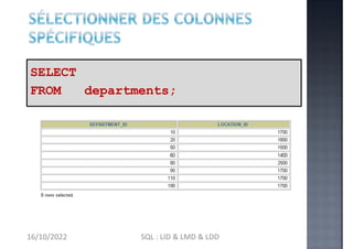 department_id, location_id
SELECT
FROM departments;
16/10/2022 SQL : LID & LMD & LDD
 