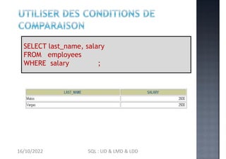<= 3000
SELECT last_name, salary
FROM employees
WHERE salary ;
16/10/2022 SQL : LID & LMD & LDD
 