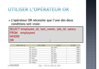  L’opérateur OR nécessite que l’une des deux
conditions soit vraie:
salary >=10000
job_id LIKE '%MAN%'
SELECT employee_id...