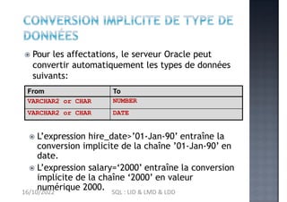  Pour les affectations, le serveur Oracle peut
convertir automatiquement les types de données
suivants:
From To
VARCHAR2 ...