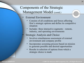 Components of the Strategic  Management Model  (contd.) External Environment Consists of all conditions and forces affecting firm’s strategic options and define its competitive situation Includes  three interactive segments – remote, industry, and operating environments Strategic Analysis and Choice Involves simultaneous assessment of external environment and company profile  Incorporates screening process based on mission to generate possible and desired opportunities Results in selection of options from which a strategic choice is made 