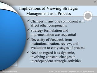 Implications of Viewing Strategic Management as a Process Changes in any one component will affect other components Strategy formulation and implementation are sequential Necessity of feedback from institutionalization, review, and evaluation to early stages of process Need to regard it as dynamic, involving constant changes in interdependent strategic activities 