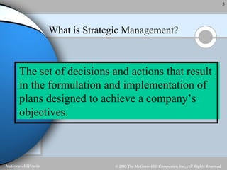 What is Strategic Management? The set of decisions and actions that result  in the formulation and implementation of plans designed to achieve a company’s  objectives. 