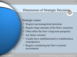Dimensions of Strategic Decisions Strategic issues Require top-management decisions Require large amounts of the firm’s resources Often affect the firm’s long-term prosperity Are future oriented Usually have multifunctional or multibusiness consequences Require considering the firm’s external environment 