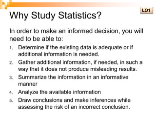 Why Study Statistics?LO1In order to make an informed decision, you will need to be able to:Determine if the existing data is adequate or if additional information is needed.Gather additional information, if needed, in such a way that it does not produce misleading results.Summarize the information in an informative mannerAnalyze the available informationDraw conclusions and make inferences while assessing the risk of an incorrect conclusion.