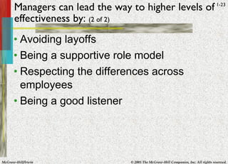 Managers can lead the way to higher levels of effectiveness by:   (2 of 2) <ul><li>Avoiding layoffs </li></ul><ul><li>Bein...