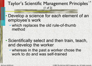 Taylor’s Scientific Management Principles (1 of 2) <ul><li>Develop a science for each element of an employee’s work </li><...