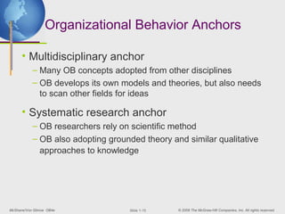 Organizational Behavior Anchors

      • Multidisciplinary anchor
           – Many OB concepts adopted from other disciplines
           – OB develops its own models and theories, but also needs
             to scan other fields for ideas

      • Systematic research anchor
           – OB researchers rely on scientific method
           – OB also adopting grounded theory and similar qualitative
             approaches to knowledge




McShane/Von Glinow OB4e            ݺߣ 1-15   © 2008 The McGraw-Hill Companies, Inc. All rights reserved.
 