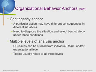 Organizational Behavior Anchors                                   (con’t)


      • Contingency anchor
           – A particular action may have different consequences in
             different situations
           – Need to diagnose the situation and select best strategy
             under those conditions

      • Multiple levels of analysis anchor
           – OB issues can be studied from individual, team, and/or
             organizational level
           – Topics usually relate to all three levels




McShane/Von Glinow OB4e             ݺߣ 1-16   © 2008 The McGraw-Hill Companies, Inc. All rights reserved.
 