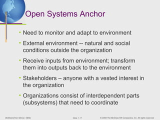 Open Systems Anchor

            • Need to monitor and adapt to environment
            • External environment -- natural and social
              conditions outside the organization
            • Receive inputs from environment; transform
              them into outputs back to the environment
            • Stakeholders – anyone with a vested interest in
              the organization
            • Organizations consist of interdependent parts
              (subsystems) that need to coordinate

McShane/Von Glinow OB4e          ݺߣ 1-17   © 2008 The McGraw-Hill Companies, Inc. All rights reserved.
 