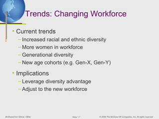 Trends: Changing Workforce

      • Current trends
           – Increased racial and ethnic diversity
           – More women in workforce
           – Generational diversity
           – New age cohorts (e.g. Gen-X, Gen-Y)

      • Implications
           – Leverage diversity advantage
           – Adjust to the new workforce




McShane/Von Glinow OB4e          ݺߣ 1-7   © 2008 The McGraw-Hill Companies, Inc. All rights reserved.
 
