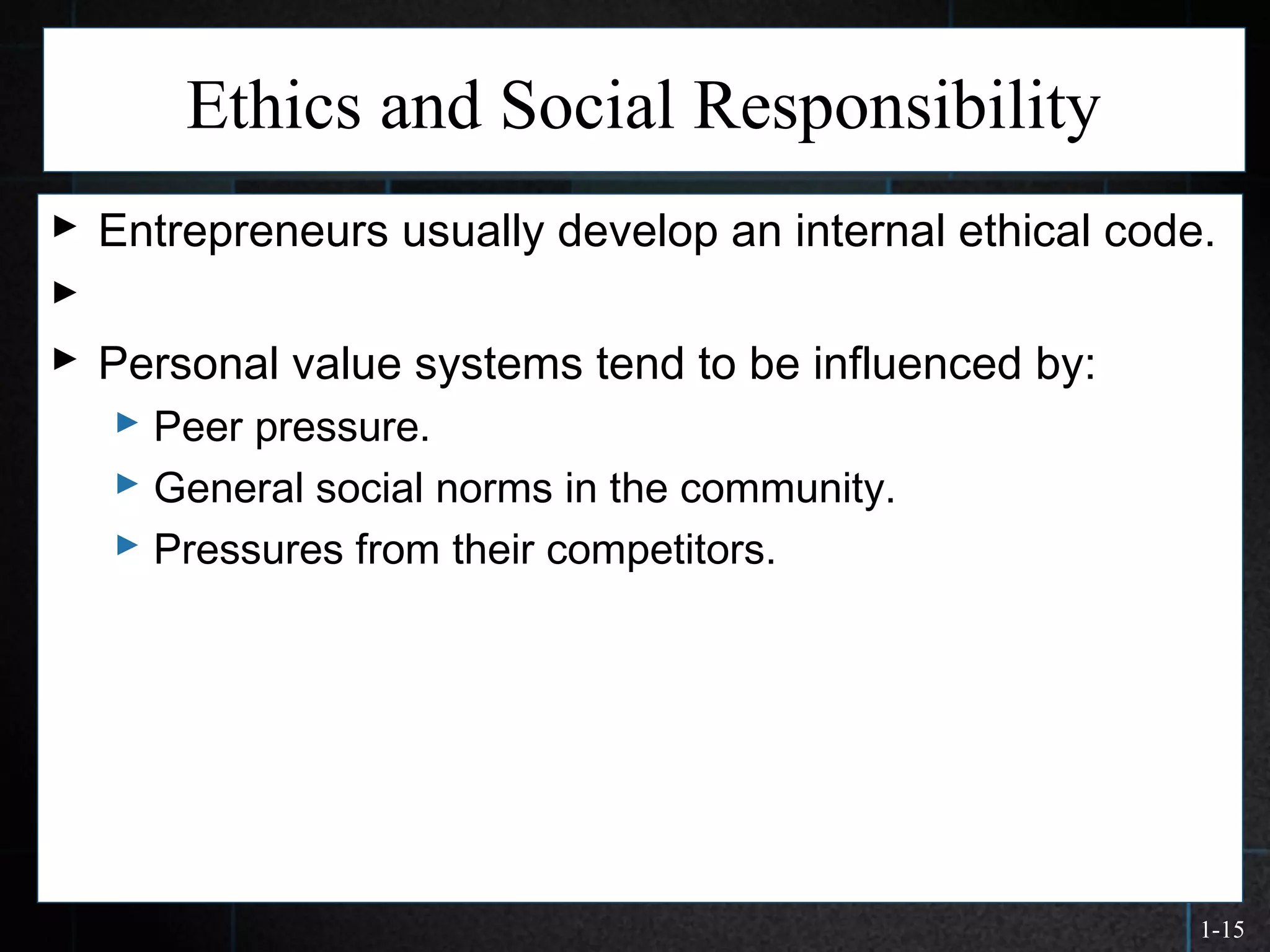1-15
Ethics and Social Responsibility
 Entrepreneurs usually develop an internal ethical code.

 Personal value systems tend to be influenced by:
 Peer pressure.
 General social norms in the community.
 Pressures from their competitors.
 
