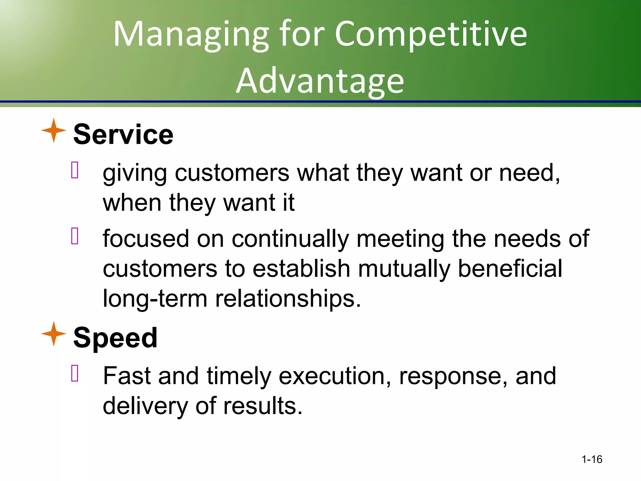 Managing for Competitive
Advantage
Service
 giving customers what they want or need,
when they want it
 focused on continually meeting the needs of
customers to establish mutually beneficial
long-term relationships.

Speed
 Fast and timely execution, response, and
delivery of results.
1-16

 