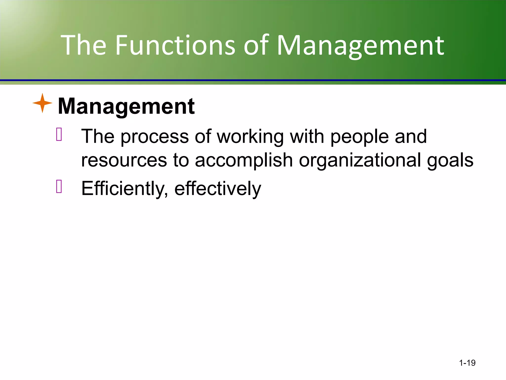 The Functions of Management
Management
 The process of working with people and
resources to accomplish organizational goals
 Efficiently, effectively

1-19

 
