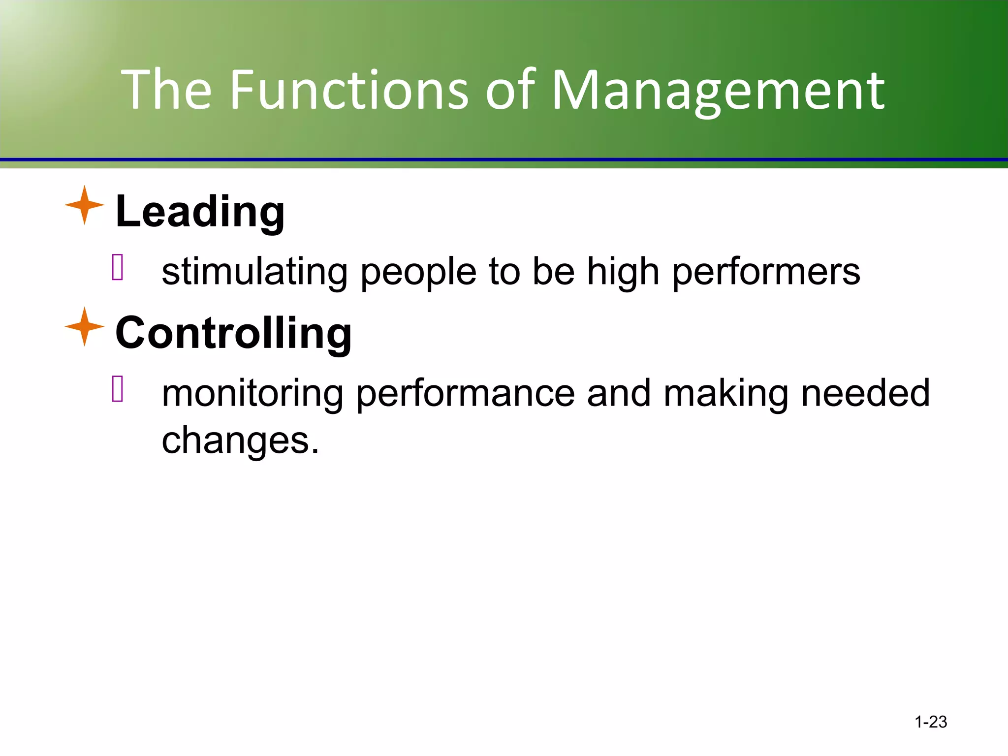 The Functions of Management
Leading
 stimulating people to be high performers

Controlling
 monitoring performance and making needed
changes.

1-23

 