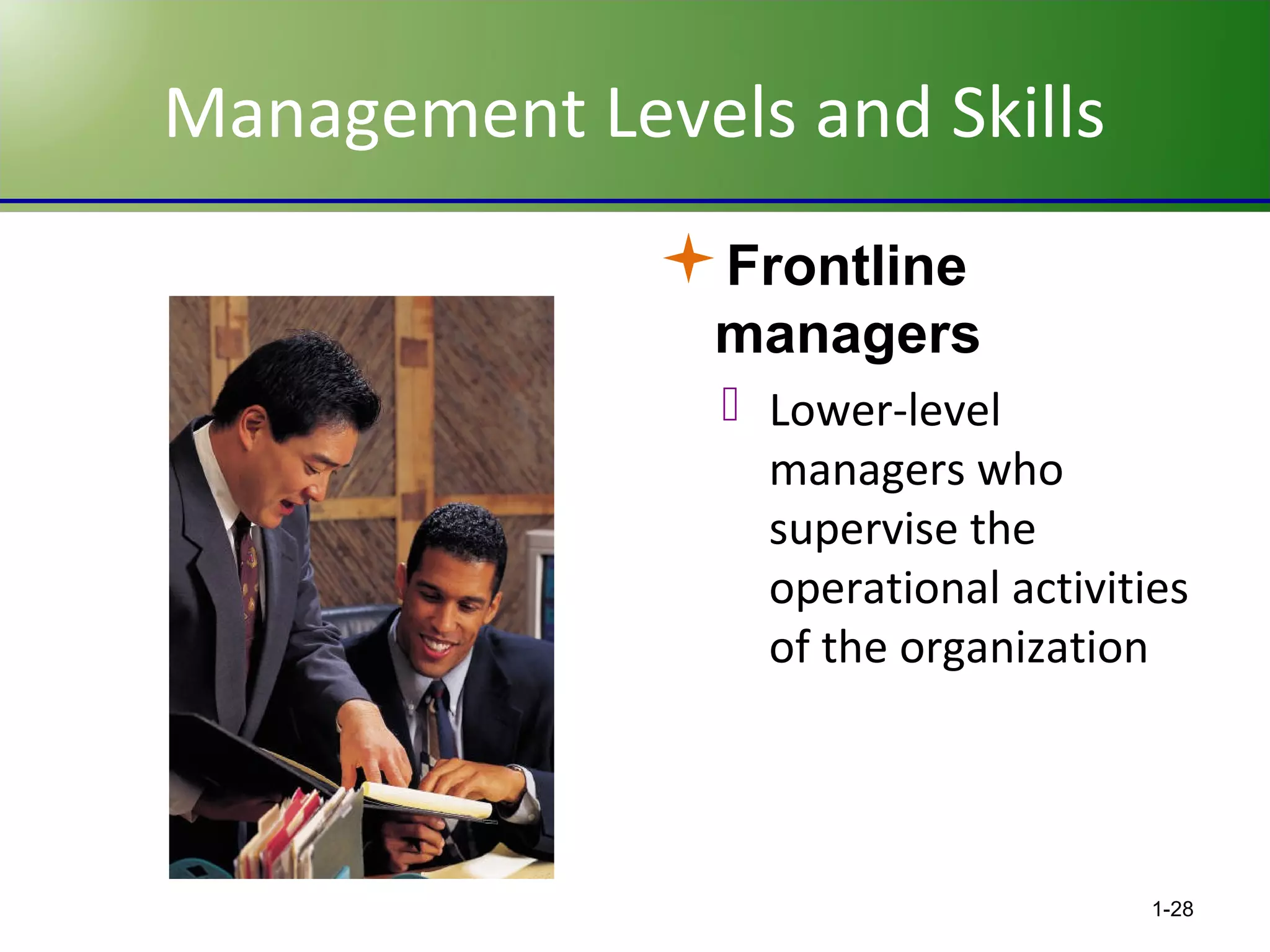 Management Levels and Skills
Frontline
managers
 Lower-level
managers who
supervise the
operational activities
of the organization

1-28

 