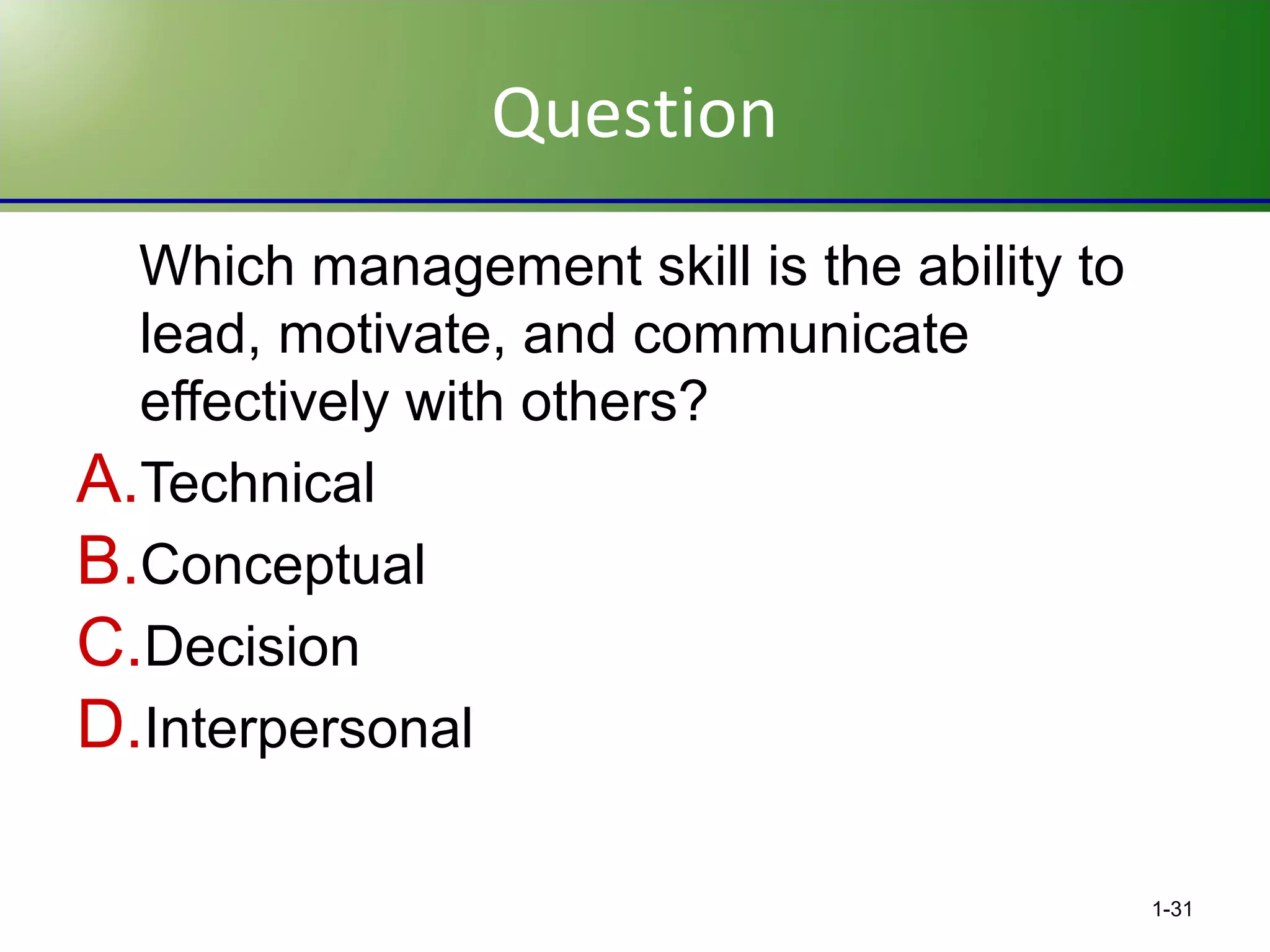 Question
Which management skill is the ability to
lead, motivate, and communicate
effectively with others?
A.Technical
B.Conceptual
C.Decision
D.Interpersonal
1-31

 