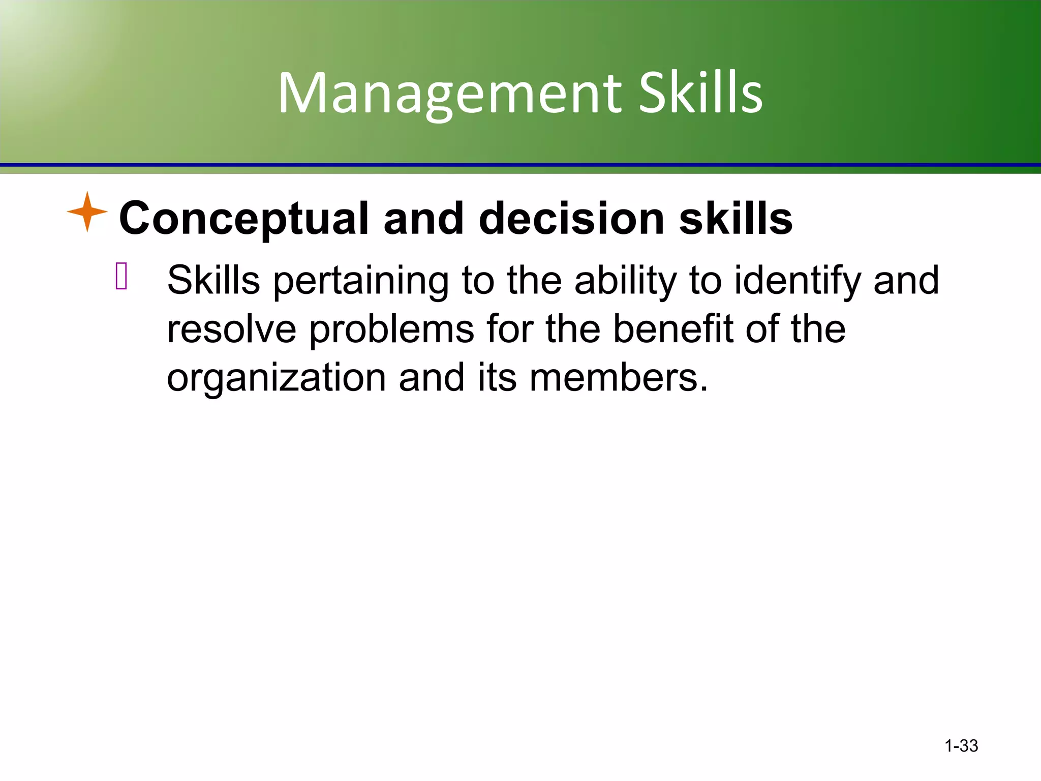 Management Skills
Conceptual and decision skills
 Skills pertaining to the ability to identify and
resolve problems for the benefit of the
organization and its members.

1-33

 