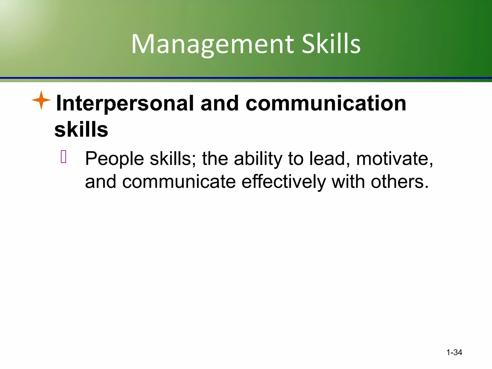 Management Skills
Interpersonal and communication
skills
 People skills; the ability to lead, motivate,
and communicate effectively with others.

1-34

 